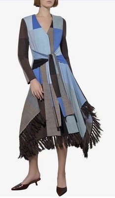Ming Wang Jacquard Fringe TieWaist Long SleeveMidi Dress Sz M