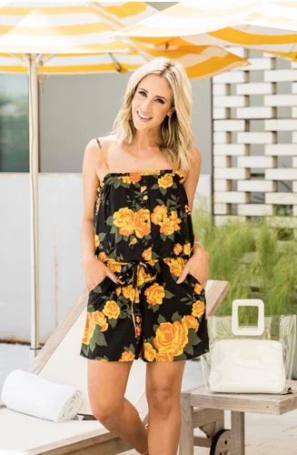 Gibson Women's Layered Button Down Cami Romper Size M Floral Summer Preppy