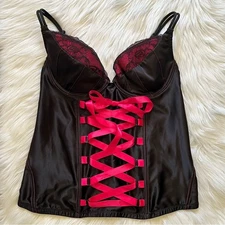 Cacique Corset Top Black Satin Neon Pink with Front Ribbon 14/16