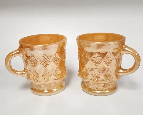 Vintage SET 2 ANCHOR HOCKING Glass FIRE KING Peach Luster KIMBERLY Diamond Mugs