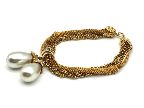 Miriam Haskell 50's Petite Fit GoldTone Mesh 4 Chains 2 Faux Pearls 7" Bracelet