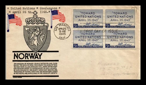 US COVER UNITED NATIONS CONFERENCE FDC SCOTT 928 BLOCK OF 4 ANDERSON ADDRESSED