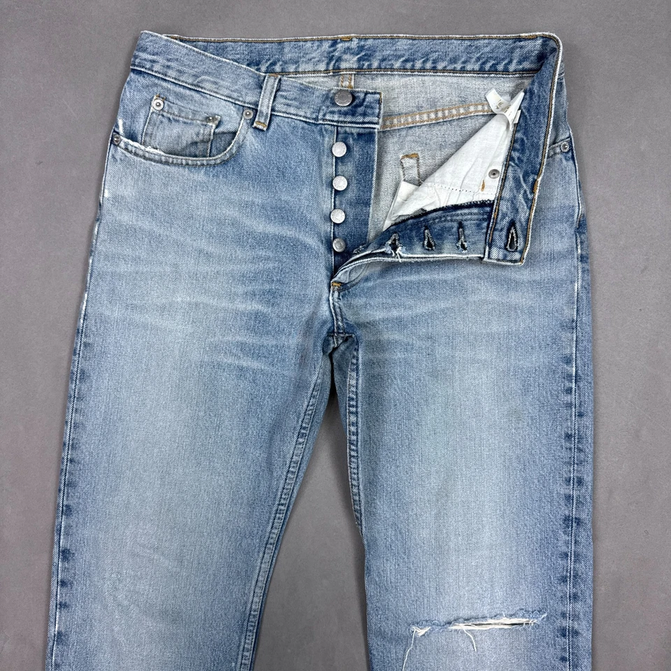 Vintage Helmut Lang Jeans Womens 29 Blue Distressed Frayed Hem Button Fly Thrash - Image 2 of 4