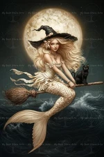MERMAID WITCH AND CAT ART PRINT, Halloween Poster, Fantasy Witchy Siren Decor