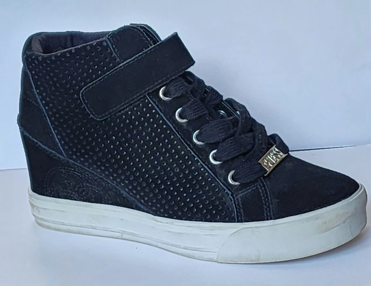 GUESS Decia Hidden Platform Sneaker Black Suede Women s Size 6.5