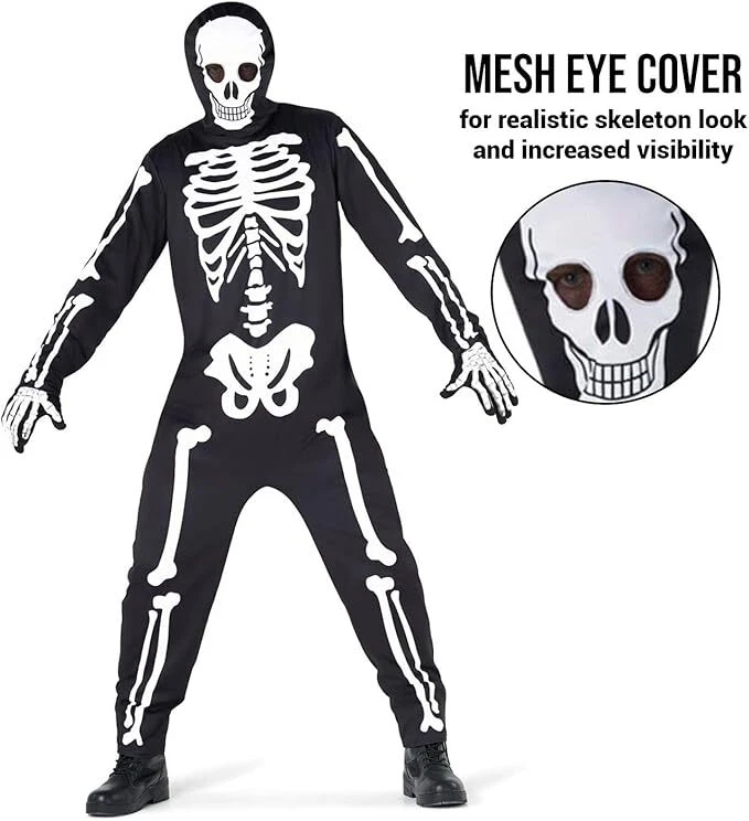 Adult Skeleton Jumpsuit Costume M - XXL Mens Scary Halloween Hooded Bodysuit - Image 4 of 4