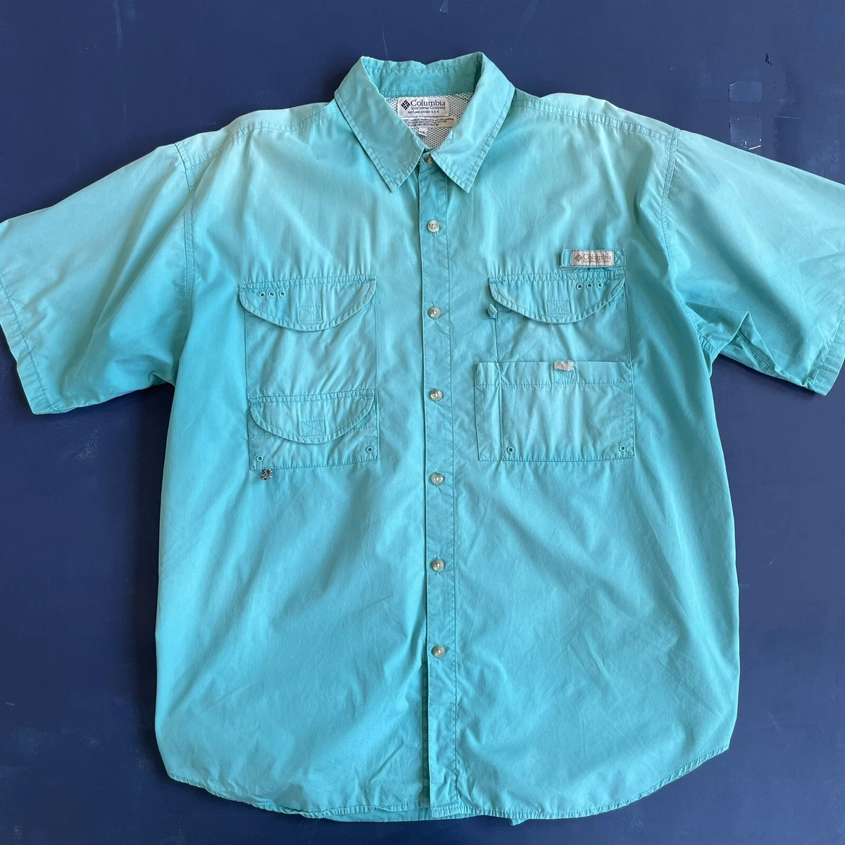 Vintage Columbia PFG Fishing Shirt Multi Pocket Button Up Cotton Teal XL