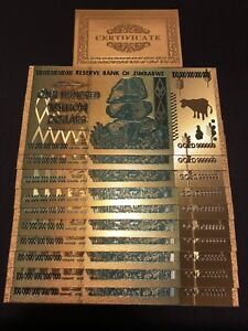 WR 10 Pcs Zimbabwe 100 Trillion D. $ Gold Plated Notes//LIMITED TIME//GIFT