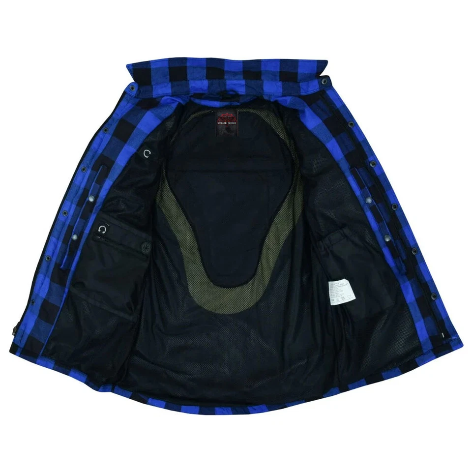 Men Motorcycle Plaid Lined Flannel Biker Shirt With Armor Pads & 2 Pockets Blue - Image 3 of 4