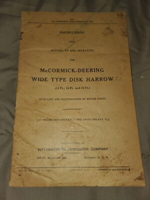 1930 IH McCormick Deering Wide Type Disk Harrow Manual