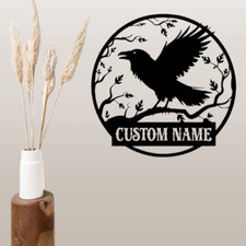 Personalized Black Crow Metal Home Garden Name sign Decorative Wall Art Gift