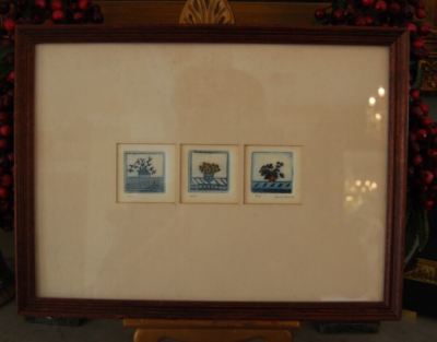 VTG FRAMED 3 MINIATURE SIGNED SARAH RISHEL COLORED ETCHING POTTED