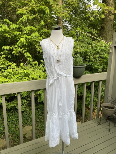 White Cotton Embroided Sleeveless Long 