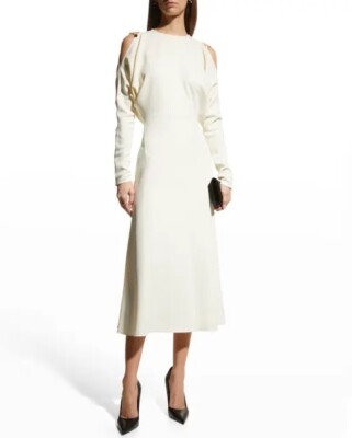 pink and ivory dress Zapakasa Women Ivory Midi Work Dress with Slit Pencil Long Sleeves Satin  Interview Dress main image 0