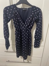 pretty little thing PLT size 8 long sleeved navy blue dress, contrast polka dots