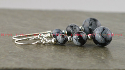 Fashion 4-6-8mm Graduated Snowflake Obsidian Gemstone Round Beads Hook Earrings