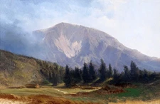 Oil painting stunning landscape little house at the foot of the mountains canvas