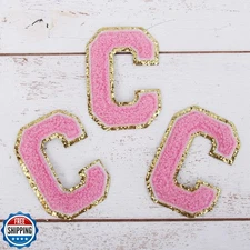 3 Pack Chenille Iron On Glitter Varsity Letter 5cm Tall "C" Patches - Pink Ch