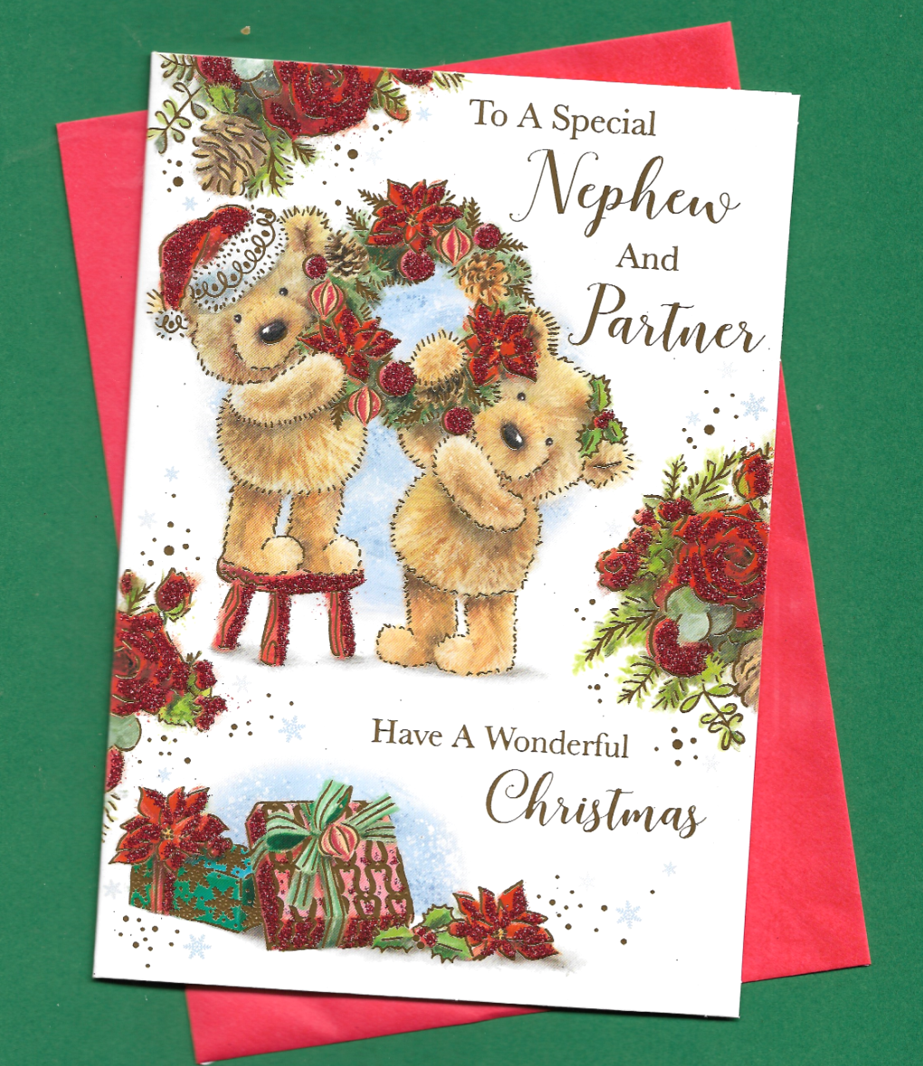 Nephew And Partner Christmas Card Cute Teddy Bears Red Glitter 19x13cm