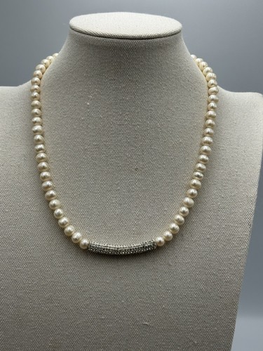 Vintage Real Pearl Necklace With Pave Rhinestone Accent Stunning And Elegant 