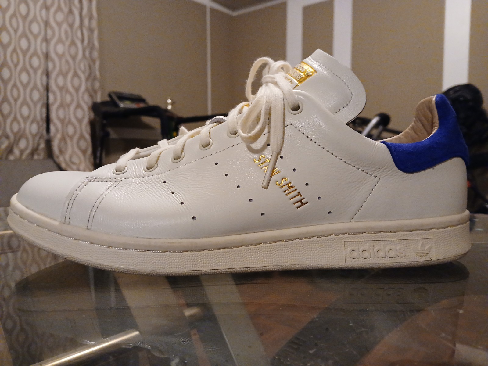 Size 10 - Adidas Stan Smith Lux Off White Royal Blue Mens Sneakers Tennis Shoes