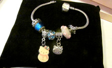 Hello Kitty two Charms and beads Bracelet 925 Silver Bracelet New 7"