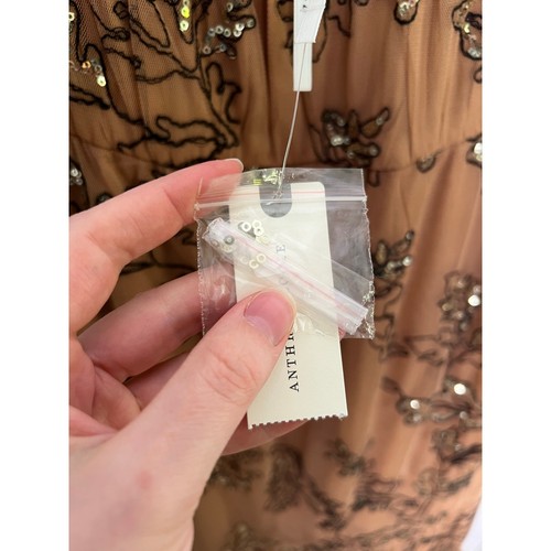 NEW Anthropologie Women's XS Sequin Tulle Dress Tiered Mocha Midi Embroidered - Picture 14 of 19