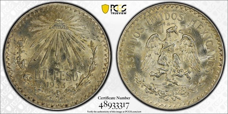 1933/3-M Mexico 1 Peso PCGS MS63 Lot#G2082 Silver! KM#455 '3' Over