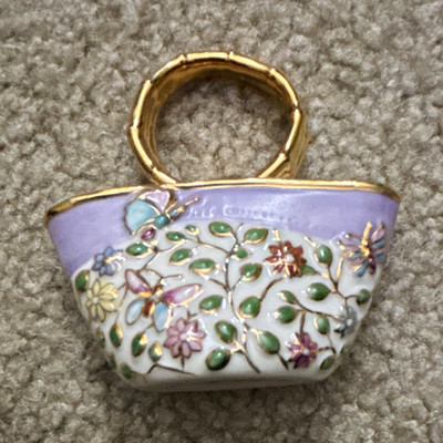Lenox Porcelain Basket Figurine Floral Purple White Glossy Gold Trim Printed