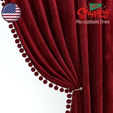 Burgundy Velvet Curtains for Bedroom Window with Pom Pom,Super Soft Luxury Drape