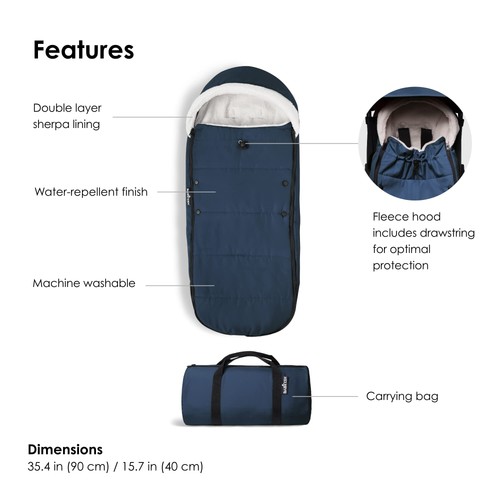 YOYO Footmuff, Navy Blue - Sherpa Lining & Fleece Hood with Drawstring to Kee... - Picture 4 of 5