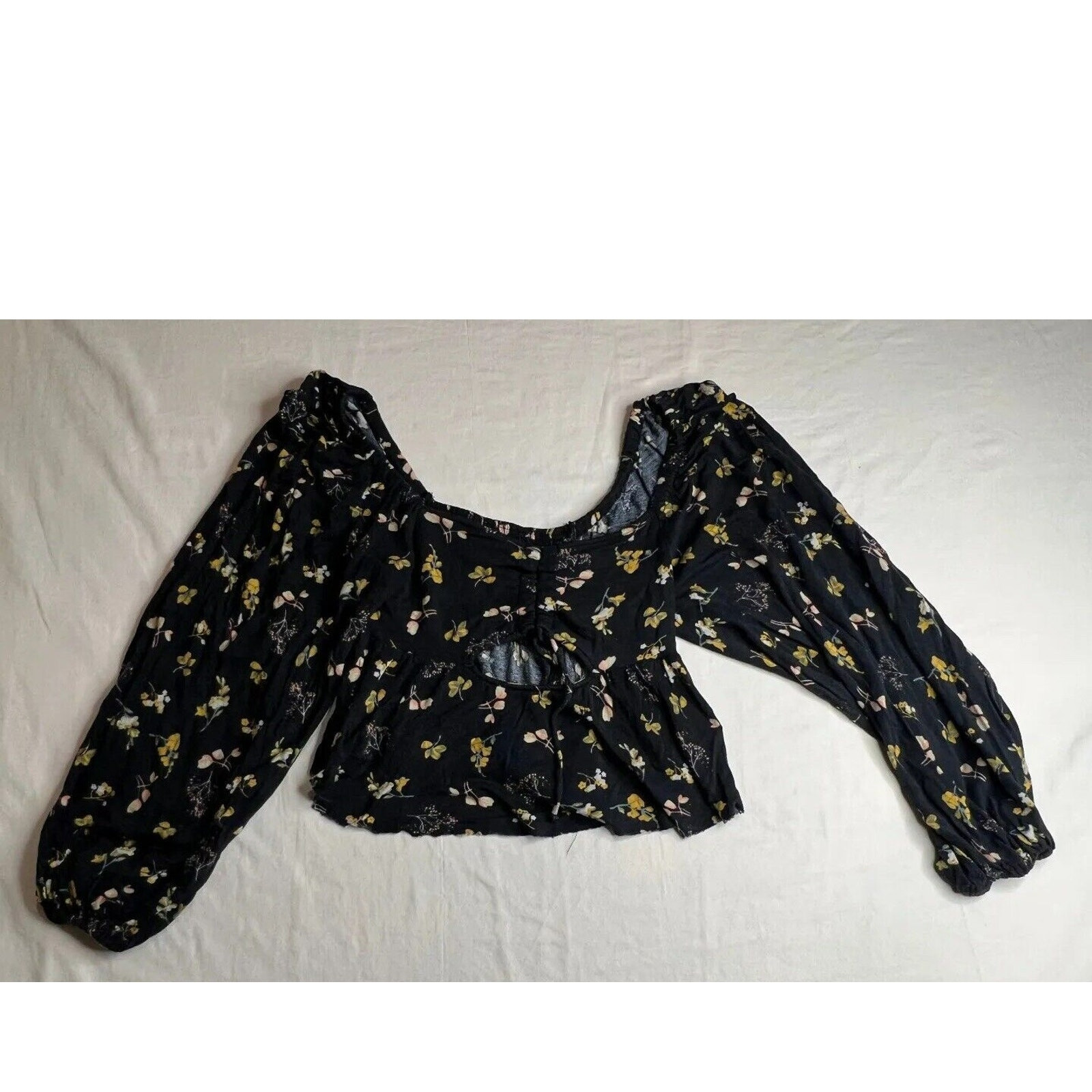 Urban Outfitters Crop Top Womens Medium Blue Yellow Floral Long Sleeve Boho Y2K