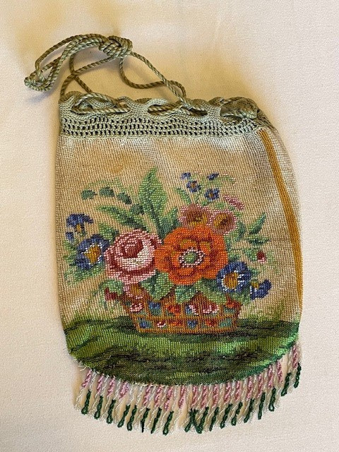 Antique Floral Pattern Beaded Drawstring Bag, Exc… - image 1