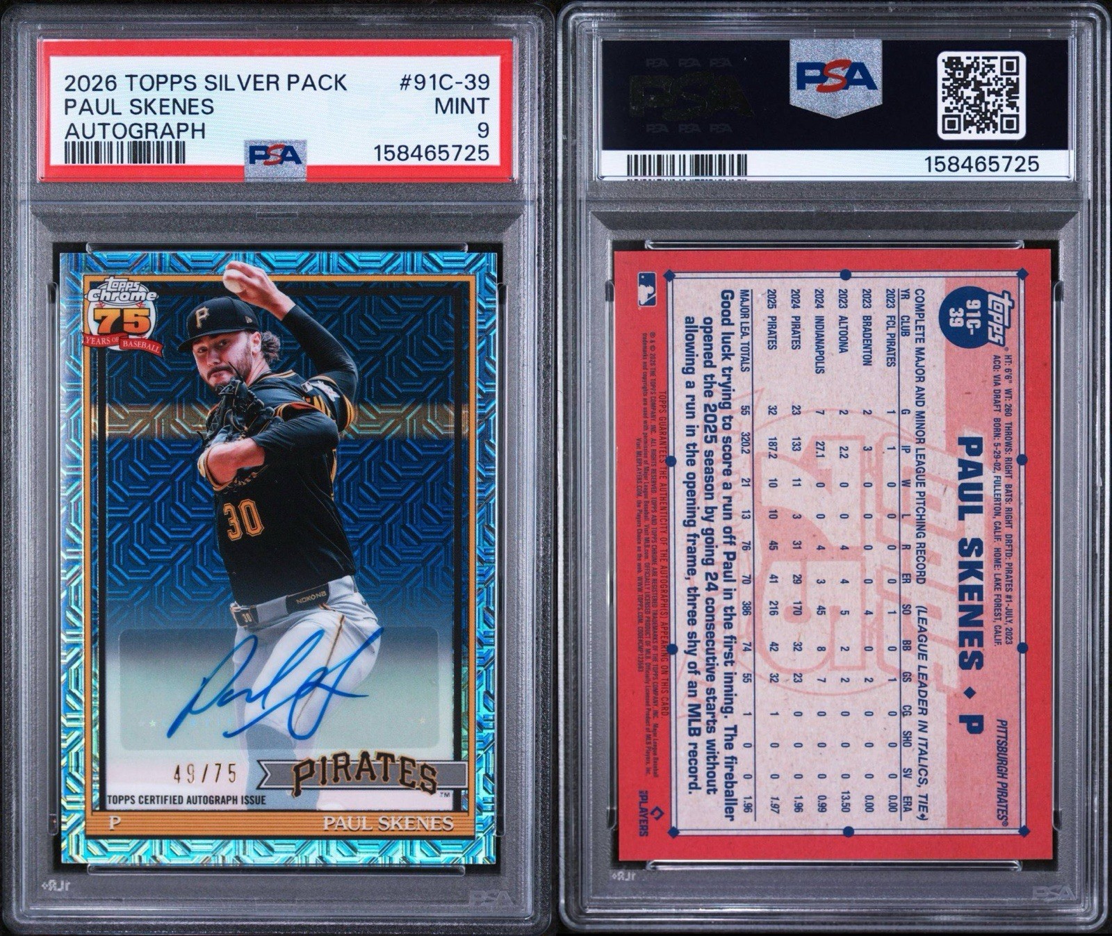 2026 Topps Silver Pack Paul Skenes Auto 49/75 PSA 9