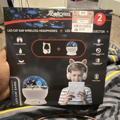Acellories LED Cat Ear Wireless Bluetooth Headphones & LED Night Light Projector