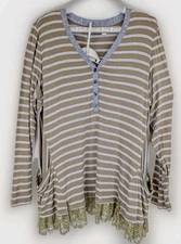 Henley Knit Top LOGO Lori Goldstein QVC XL Lace Hem Olive Gray Stripes Pockets