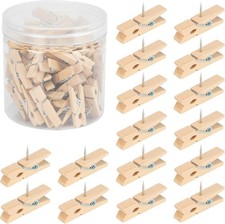 60 Pieces Push Pins with Wooden Clips, Natural Wood Clothespin Pusins