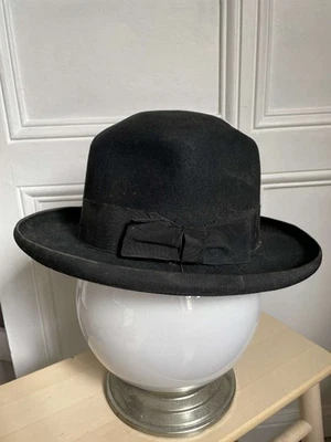 Authentique Borsalino chapeau ancien feutre noir hat homme enfant - Photo 1/4