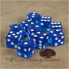 NEW 10 Transparent Blue w White Pips RPG Bunco Gaming Dice Set 16mm D6