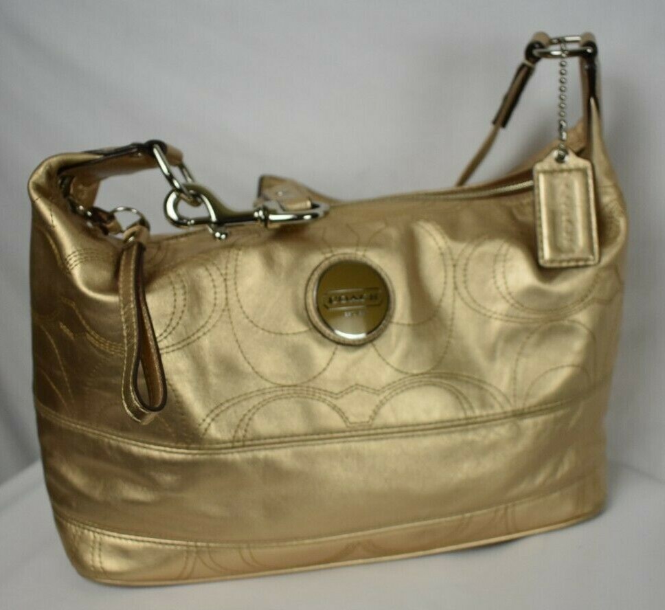 AUTH Coach 18882 Signature Stitch Gold Metallic Leather Hobo