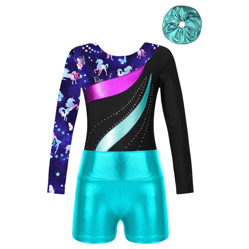 Kids Girls Dance Gymnastics Leotard Long Sleeve with Shorts Hair Scrunchies Set - Imagen 39 de 51