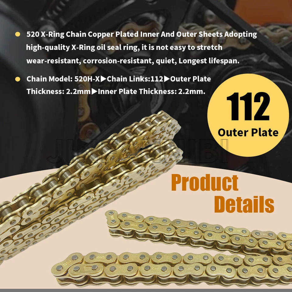 Cadena oro 520 X-Ring 112 eslabones con eslabón maestro de conexión para motocicleta Foto 2 de 4