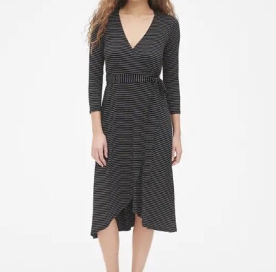 GAP Striped Three-Quarter Sleeve Knit Wrap Midi Dress -Blk/Wht - X Large |  eBay