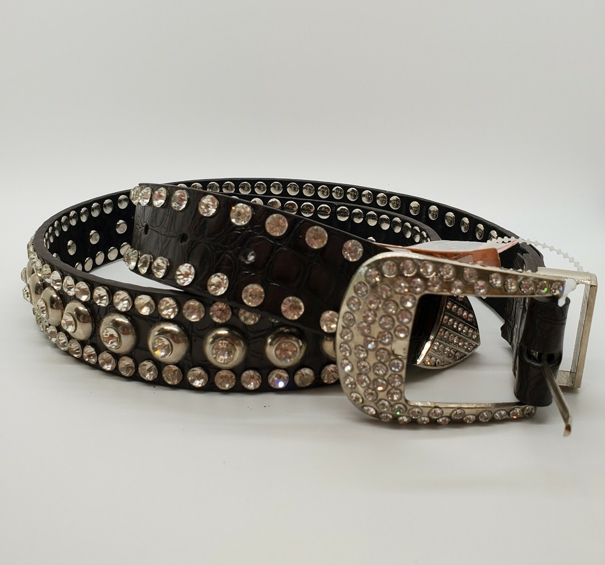 Skinny brown leather belt with full length of rhinestones  display picture 2