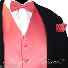 Coral Solid Tuxedo Suit Vest Waistcoat and Bow tie Hanky Set Prom Wedding Party