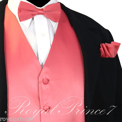 Coral Solid Tuxedo Suit Vest Waistcoat and Bow tie Hanky Set Prom Wedding  Party