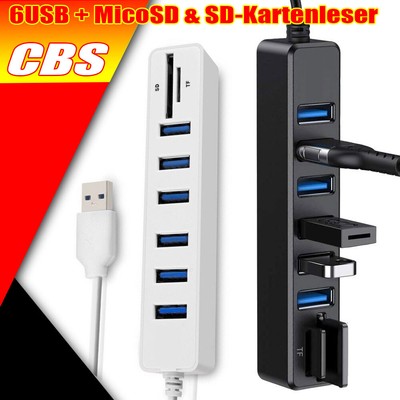 6 Port USB Hub Aktiv Adapter Verteiler USB mit Mico SD Kartenleser für PC Laptop