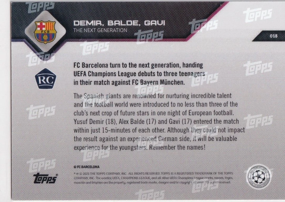 Topps Now 2021 Champions League Card 18 Demir, Balde, Gavi Rookie Card RC - Image 2 of 2