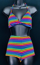 Vintage rainbow bikini, swimsuit pin up colorful stripes high waist halter top M
