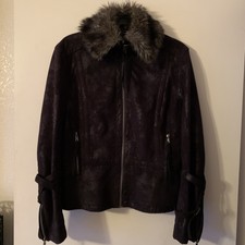 Montanaco Jacket Short Black Full Zipper Faux Suede / Fur Trim Zip Sleeves~ Sz L